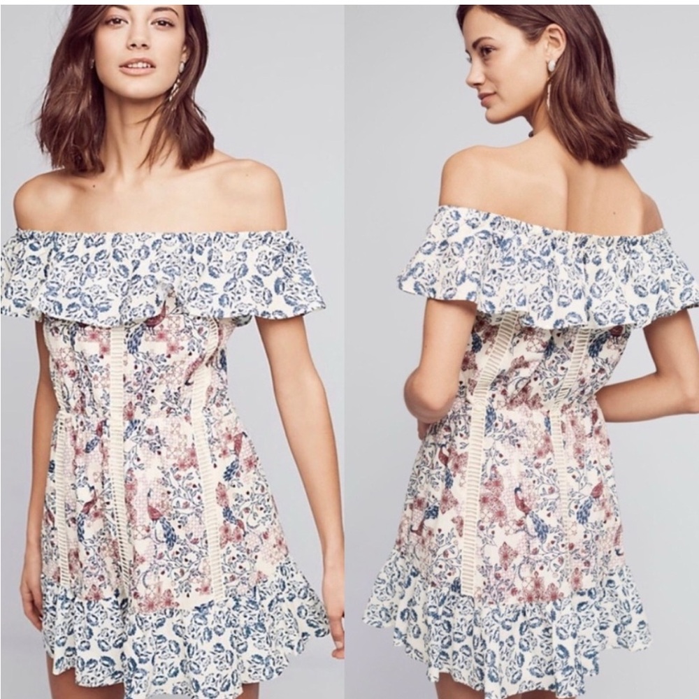 Tularosa Blue and Cream Strapless Dress